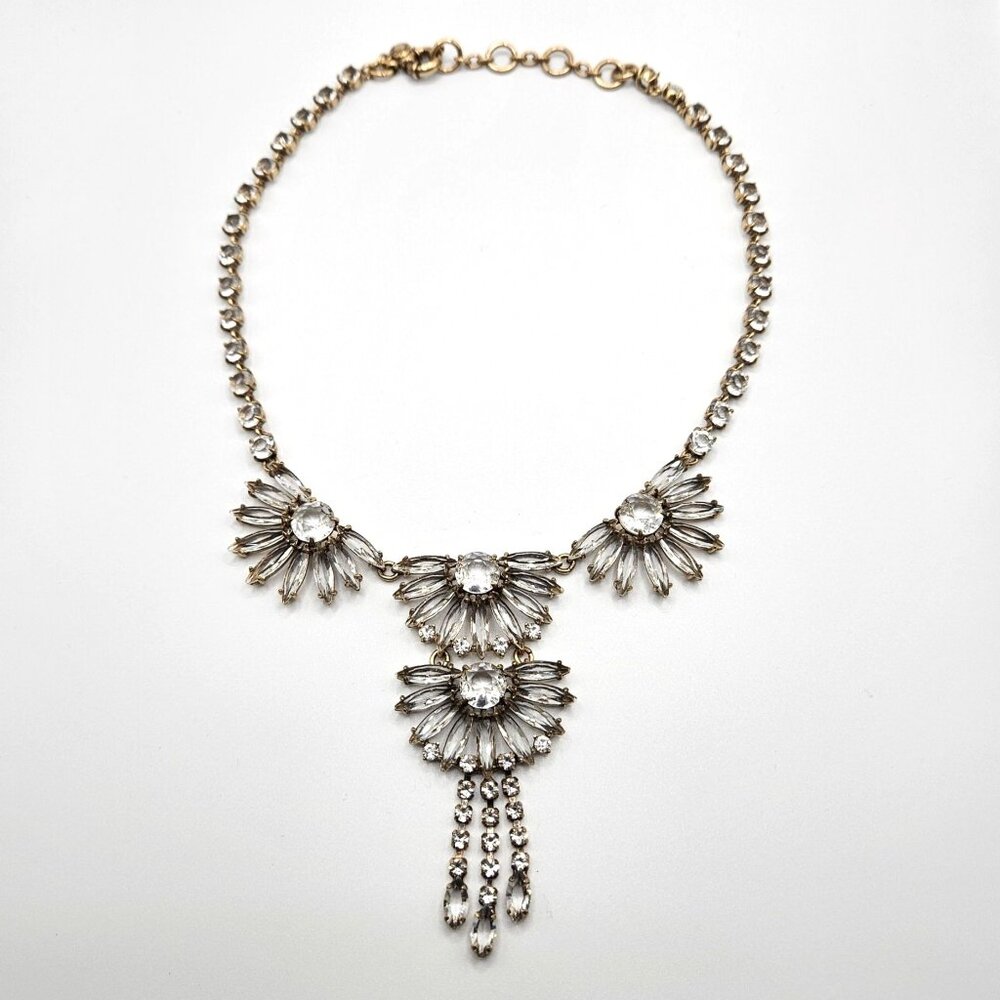 J Crew Clear Crystal Gem Fan Gold Tone 16" - 18" Statement Necklace